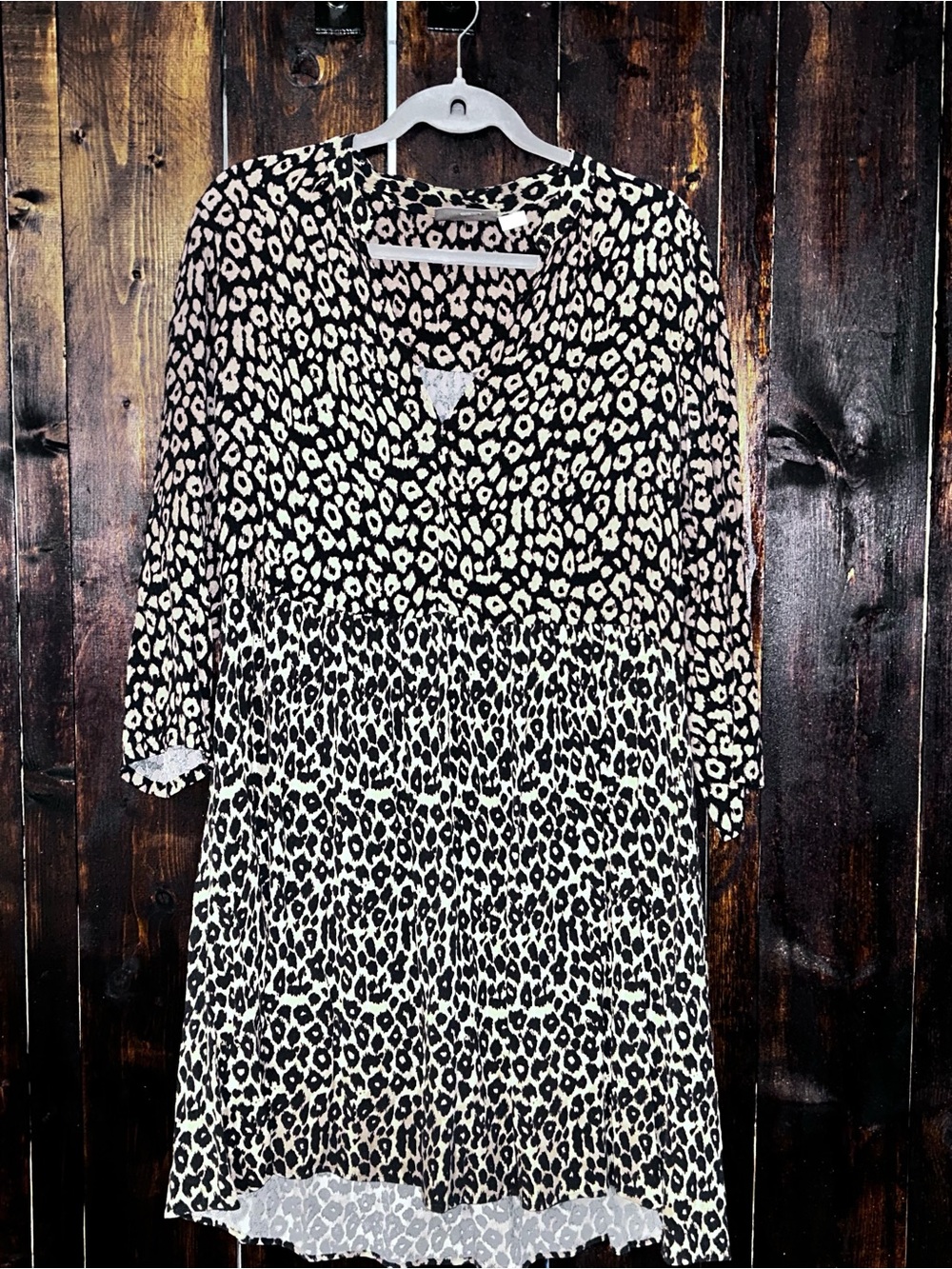 Maeve Long-Sleeve Leopard Print babydoll Dress in Black and Cream